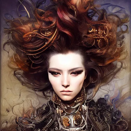 Prompt: portrait, headshot, insanely nice professional hair style, dramatic hair color, digital painting, of a old 17th century, old cyborg merchant, amber jewels, baroque, ornate clothing, scifi, realistic, hyperdetailed, chiaroscuro, concept art, art by Franz Hals and Jon Foster and Ayami Kojima and Amano and Karol Bak,