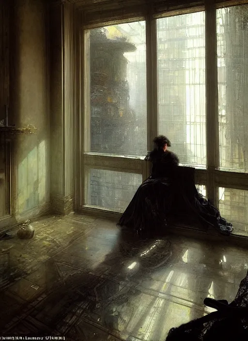 Prompt: a portrait of beautiful woman sitting in the floor, inside a modern apartment, intricate oil painting, hyperdetailed, ominous, ethereal, dramatic lighting, by jeremy mann and ruan jia and lawrence alma - tadema