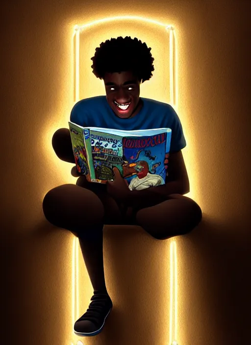 Image similar to portrait of teenage chuck clayton, black teenage boy, short curly hair, short hair square jaw, slight excited smile, reading a comic book, intricate, elegant, glowing lights, highly detailed, digital painting, artstation, concept art, smooth, sharp focus, illustration, art by wlop, mars ravelo and greg rutkowski