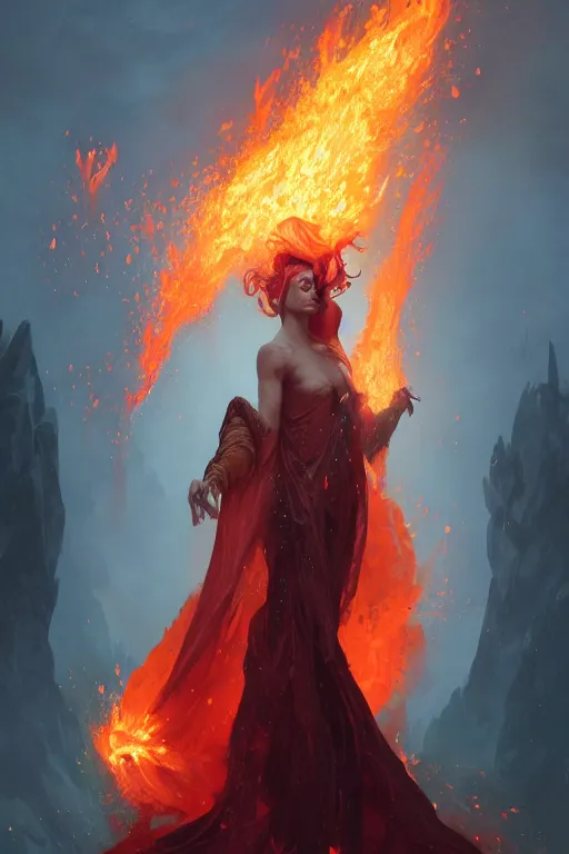 Prompt: fantasy character art by laura zalenga and alexander holllow fedosav, eldritch volcanic fire goddess clothed in a flaming gown, volcanic embers, magma, diffused lighting, by greg rutkowski, by peter mohrbacher, by brom, hyperrealism, detailed face, 8 k dop dof hdr