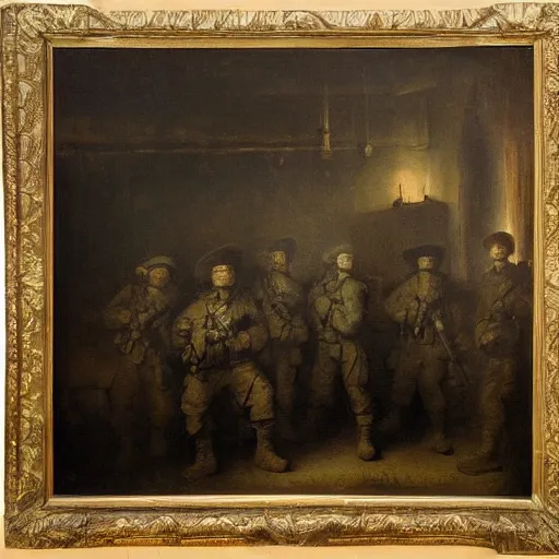 Prompt: american soldiers with nightvision posing in a dark room, oil painting by rembrandt, masterpiece, detailed