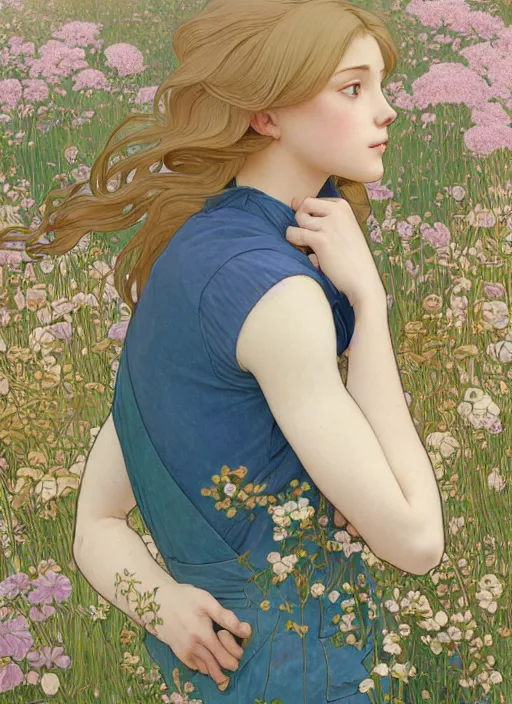 Image similar to pretty young man with shoulder length blond hair, half body shot, emotional, decorative flower patterned background, path traced, highly detailed, high quality, digital painting, by studio ghibli and alphonse mucha, leesha hannigan, hidari, disney, jules bastien - lepage, art nouveau, anna dittmann