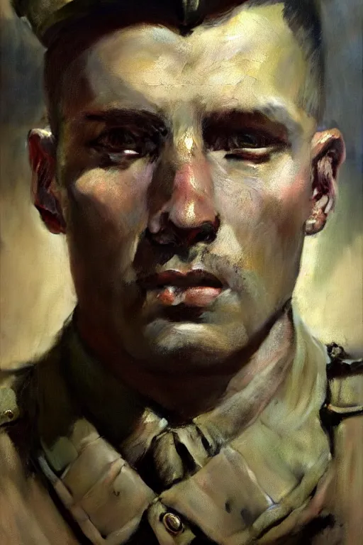 Image similar to hyperrealist portrait of a ww 2 soldier by jeremy mann and alphonse mucha, photo realistic, dynamic lighting, artstation, poster, volumetric lighting, very detailed faces, 4 k, award winning