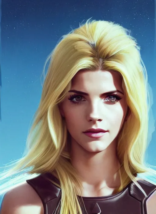 Image similar to portrait of a combination of Ashley Greene, Katheryn Winnick, Victoria Justice and Adriana Dxim, Grace Kelly, Emma Watson and Lily Collins with blonde hair wearing Samus' Armor from Metroid, countryside, calm, fantasy character portrait, dynamic pose, above view, sunny day, thunder clouds in the sky, artwork by Jeremy Lipkin and Giuseppe Dangelico Pino and Michael Garmash and Rob Rey and Greg Manchess and Huang Guangjian, very coherent asymmetrical artwork, sharp edges, perfect face, simple form, 100mm