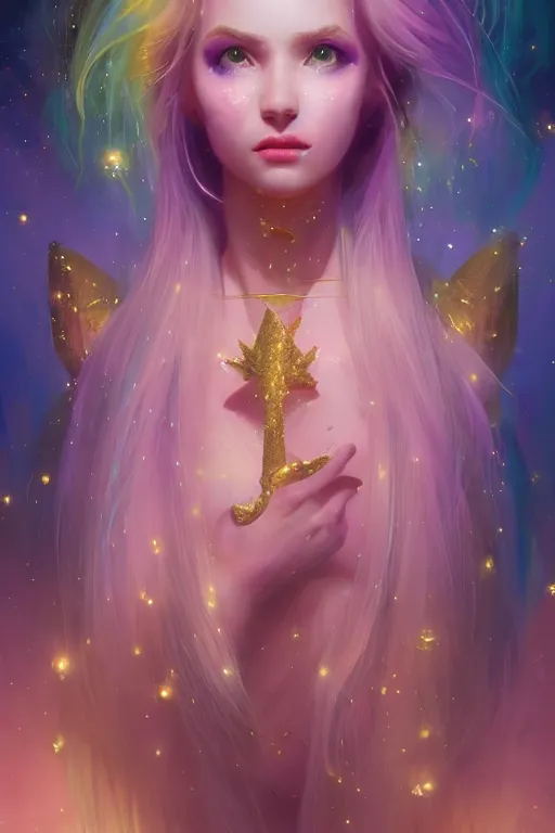 Image similar to beautiful Unicorn in gold and purple pink soft lighting, symmetrical portrait, high quality, cinematic by WLOP and Rossdraws, concept art of the character. Epic composition, hyperrealism, award-winning artwork, realistic hair, artstation trend, high quality printing, fine art with subtle redshift rendering