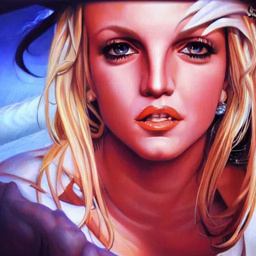 Image similar to detailed portrait of britney spears anime intricate, hyper detailed, realistic, oil painting, by julie bell, frank frazetta, cinematic lighting