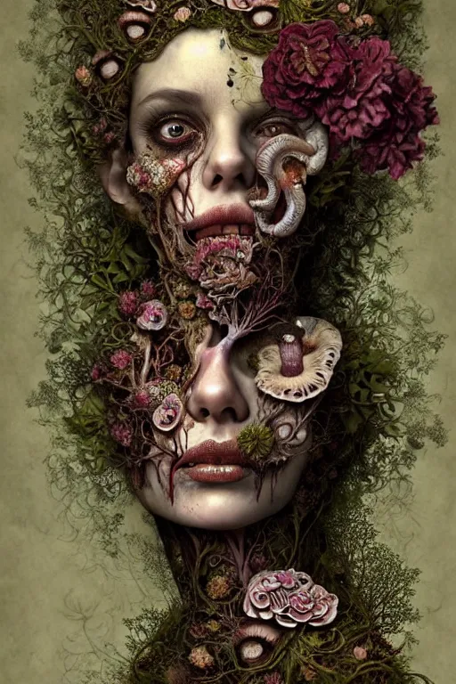 Image similar to beautiful and detailed rotten woman corpse with fractal plants and fractal flowers and mushrooms growing around, face muscles, veins, arteries, intricate, ornate, surreal, ray caesar, john constable, guy denning, dan hillier