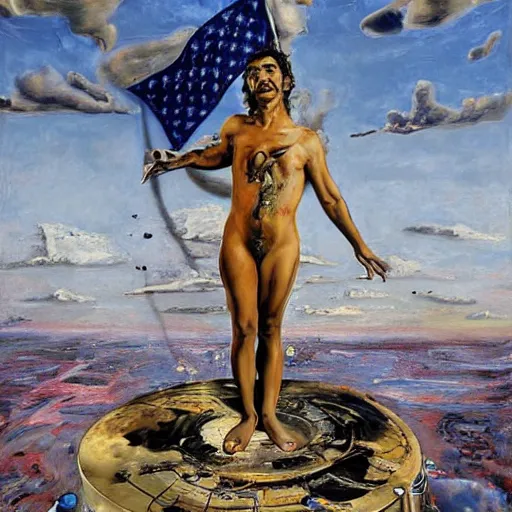 Prompt: by tim okamura improvisational salvador dali. a beautiful installation art of astronaut standing on a planet with a flag in the background.