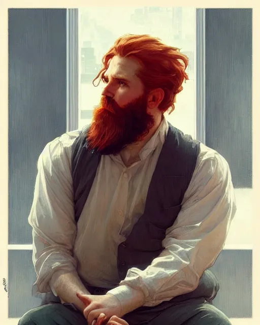 Image similar to attractive red - headed bearded man looking out the window expectantly, a small smile on his lips, highly detailed, digital painting, artstation, concept art, smooth, sharp focus, illustration, art by artgerm, greg rutkowski, alphonse mucha, j. c. leyendecker