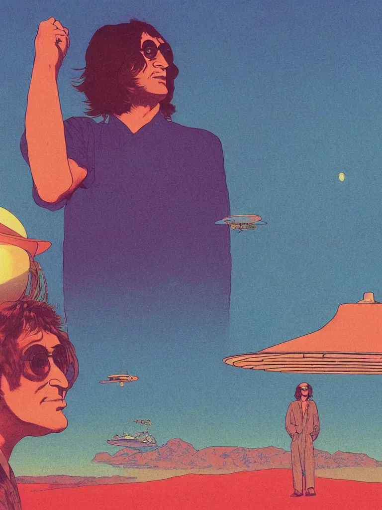 Image similar to a closeup portrait of john lennon next to a ufo, taking mind altering drugs, a blotter paper of lsd acid and dreaming psychedelic hallucinations in a vast desert landscape, by kawase hasui, moebius, edward hopper, colorful flat surreal design, dramatic lighting, hd, 8 k, artstation