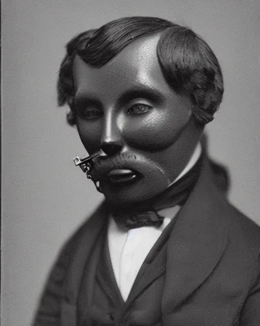 Prompt: portraits of anthropomorphic cyborg robot in Black tie suit by Louis Daguerre