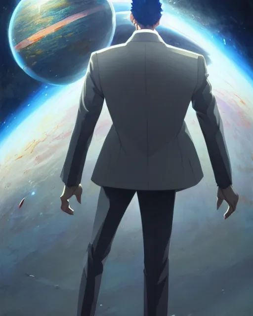 Image similar to gigachad luigi wearing a suit in the space lab, fantasy character portrait, ultra realistic, anime key visual like saitama, full body concept art like ernest khalimov, intricate details, highly detailed by greg rutkowski, ilya kuvshinov, gaston bussiere, craig mullins, simon bisley