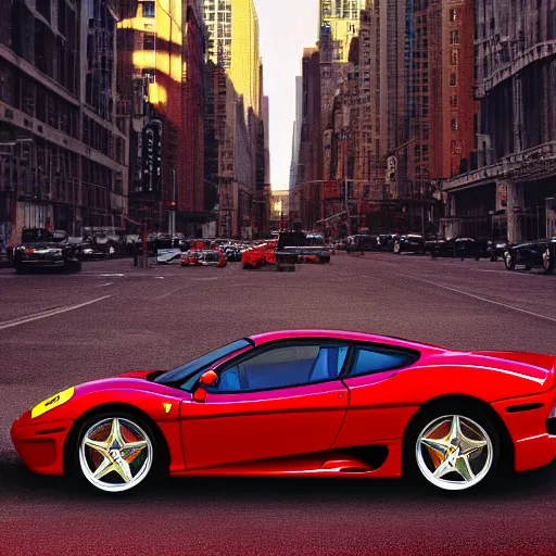 Image similar to 2 0 0 6 red ferrari 3 6 0 modena during golden hour, view of new york in warm light, highly detailed, artstation, concept art