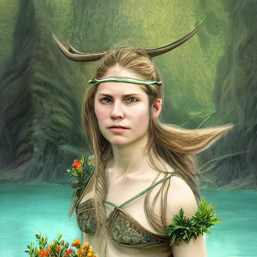 Image similar to epic portrait a female viking swimming in a steamy green lake full of flowers, beauty, pretty face, glossy skin, digital painting, artstation, concept art, soft light, hdri, smooth, sharp focus, illustration, fantasy, intricate, elegant, highly detailed, D&D, matte painting, in the style of Greg Rutkowski and Alphonse Mucha and artemisia, 8k, highly detailed, jurgens, rutkowski, bouguereau, pastoral, rustic, georgic