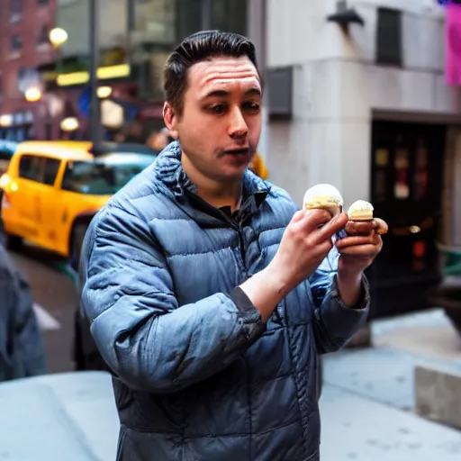 Prompt: a very sad man holding a very tiny cup of ice cream in nyc. photograph.