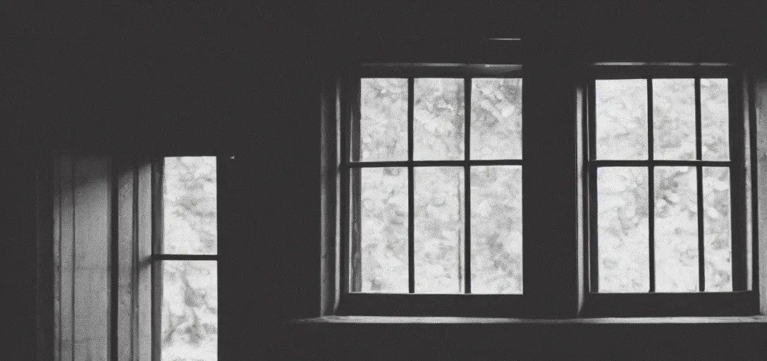 Prompt: window, looking at forest, monochrome, analogue photo quality, blur, unfocus, cinematic, 35mm