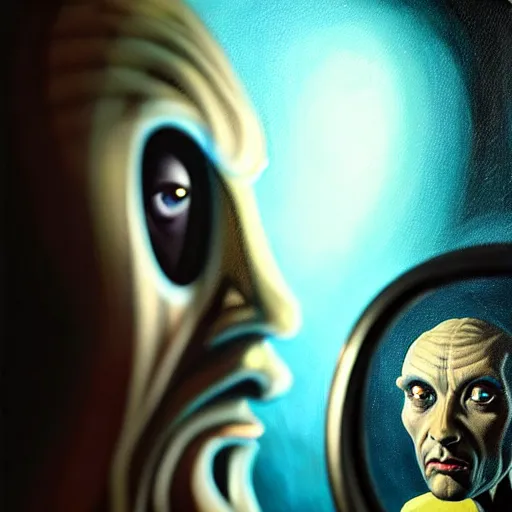 Prompt: stunning painting of wise man looks at mirror, see himself as an alien by concept art, character art, sci - fi, masterpiece, ultra detailed face and eyes, weird objects, cinematic, sharp focus, centered, 8 k hd resolution