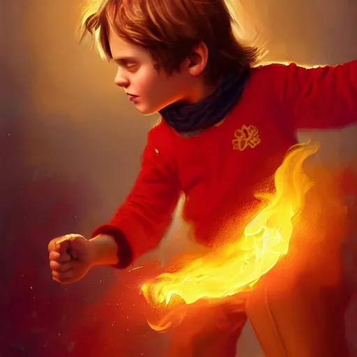 Image similar to colorful and festive captivating young child boy, brown fluffy hair, wearing red and yellow clothes, shooting a fire ball out of his fist. full body, rich vivid colors, ambient lighting, dynamic lighting, 4 k, atmospheric lighting, painted, intricate, highly detailed by charlie bowater