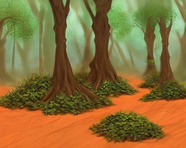 Image similar to deciduous forest in a humid subtropical climate with red clay soil, award winning fantasy concept art