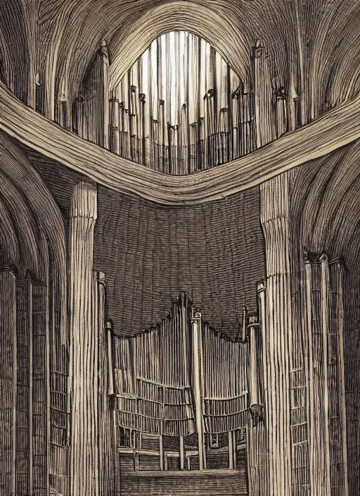 Image similar to pipe organ made of large books, pen and ink digital illustration, subtle colors, by alan lee and john howe