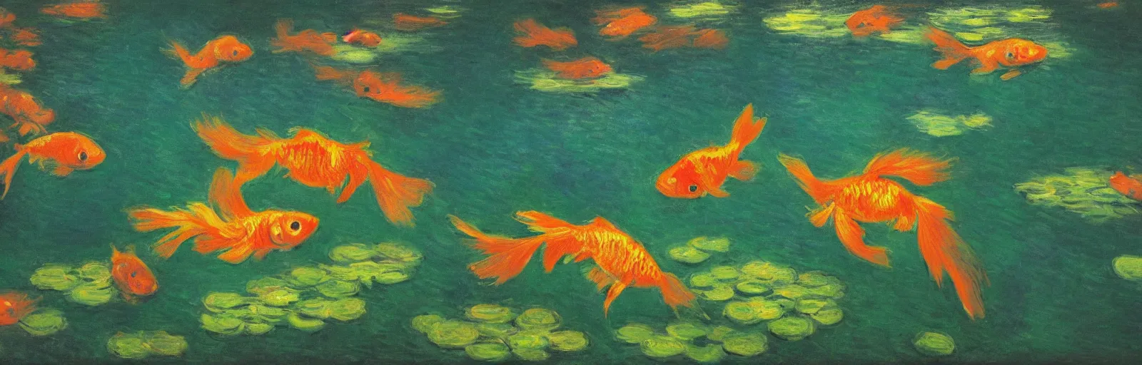 Prompt: An aesthetically pleasing, dynamic, energetic, lively, well-designed digital art of goldfish in a pond viewed from underwater, light and shadow, chiaroscuro, by Claude Monet and Vincent Van Gogh, superior quality, masterpiece, excellent use of negative space. 8K, superior detail, widescreen.