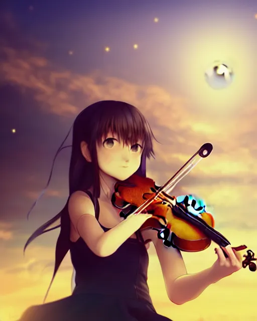 Image similar to teen, cute, full body, a female with white skin and golden long wavy hair holding a violin and playing a song, heavenly, stunning art style, filters applied, lunar time, night sky, trending art, sharp focus, centered, landscape shot, fate zero, simple background, studio ghibly makoto shinkai yuji yamaguchi, by wlop