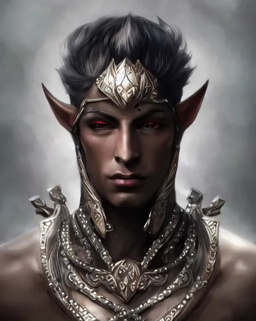 Image similar to a handsome noble male dark elf, obsidian skin, jewels, fantasy, intricate, elegant, highly detailed, digital painting, artstation, concept art, sharp focus, illustration