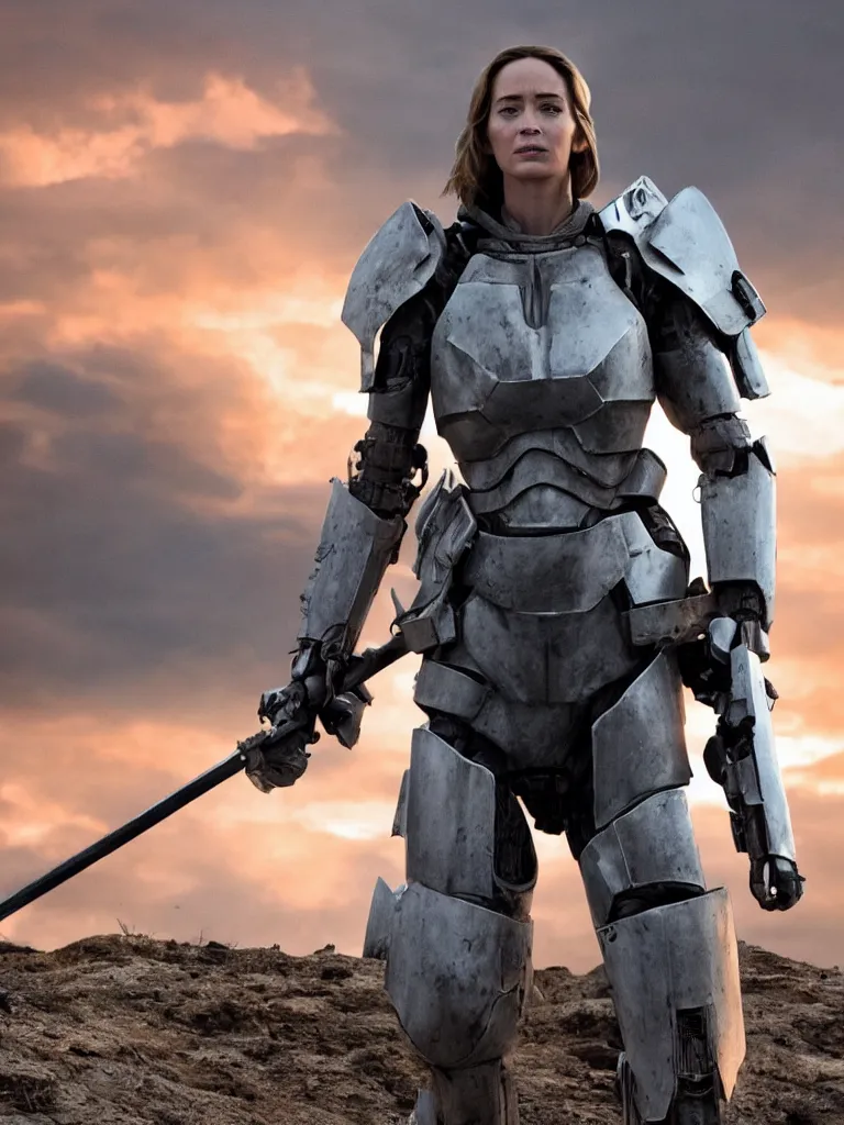 Image similar to emily blunt in futuristic power armor, alone, standing atop a hill, raising her sword, edge of tomorrow movie, angel of verdun, sunset