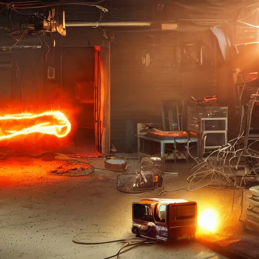 Image similar to overcharging toaster oven, tangles of metallic cables, dark messy smoke - filled cluttered workshop, dark, dramatic lighting, orange tint, sparks, plasma charges, cinematic, highly detailed, sci - fi, futuristic, movie still