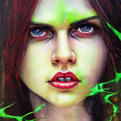 Image similar to a Demon Slayer portrait of Alexandra Daddario, tall, pale-skinned, slender with lime green eyes and long eyelashes by Stanley Artgerm, Tom Bagshaw, Arthur Adams, Carne Griffiths, trending on Deviant Art, street art, face enhance, chillwave, maximalist, full of color, glittering