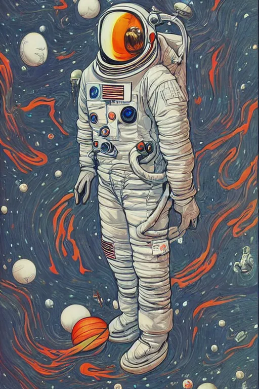 Image similar to James Jean artwork, astronaut in space, colourful