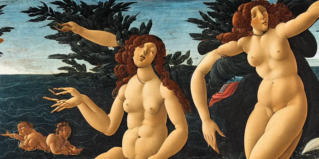 Image similar to Botticelli Venus as a Black woman rising from the sea on a shell, accurate face