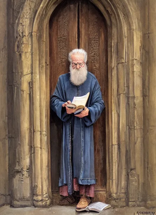 Prompt: a beautiful painting of an old wizard holding a book and standing in front of an ancient elaborate door, by james gurney and greg rutkowski