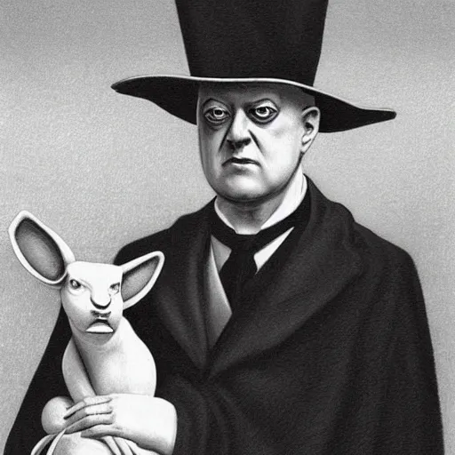 Image similar to Aleister Crowley with baphomet, by Raphael Hopper, and Rene Magritte. Highly detailed, romantic, enchanting, magical, trending on artstationHQ