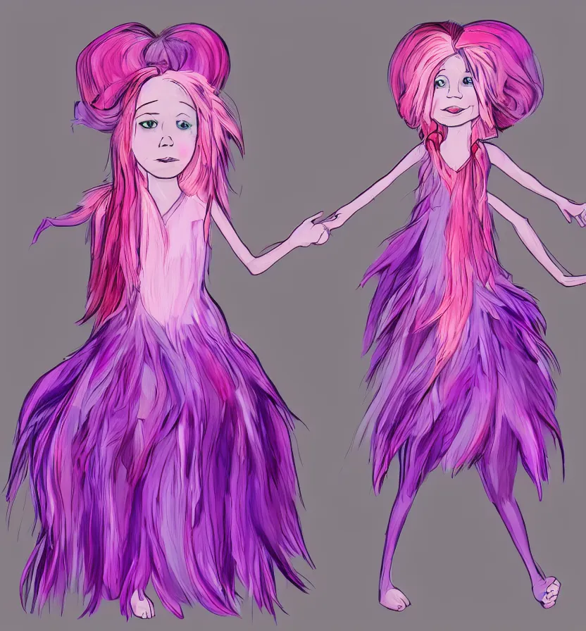 Image similar to little girl with eccentric pink hair wearing a dress made of purple feathers, anatomically perfect, concept art, cartoon art style