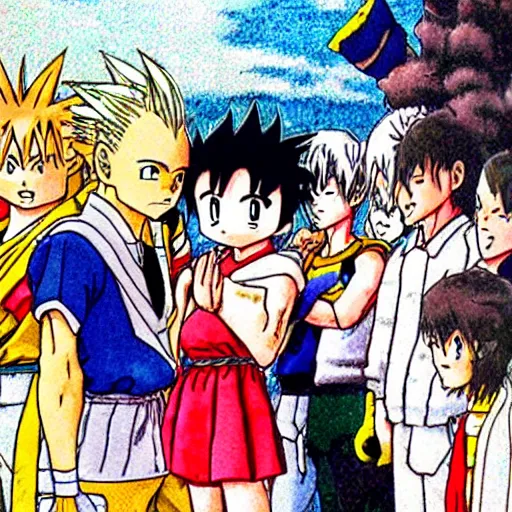 Image similar to an anime image drawn by akira toriyama that depicts a wedding