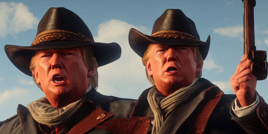 Prompt: Donald Trump from Red Dead Redemption 2, wide shot, ray tracing, 8k