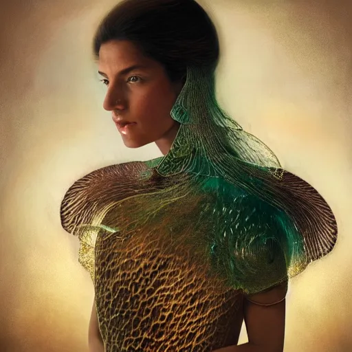 Image similar to brown woman wearing a jellyfish armor. iridiscent. super detailed. layered. textured. award winning. dispersion of light. refracted lighting. soft. fragile. by ray caesar. by louise dahl - wolfe. by andrea kowch. by tom bagshaw. surreal photography