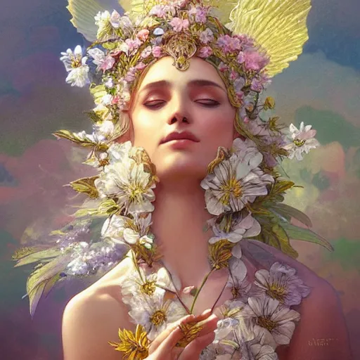 Prompt: goddess, flower goddess, antheia, greek, intricate, elegant, ethereal, highly detailed, digital painting, artstation, concept art, smooth, sharp focus, illustration, art by artgerm and greg rutkowski and alphonse mucha