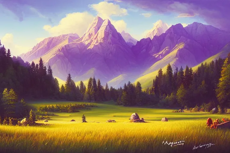 Image similar to landscape painting of meadows with mountainrange in background, nature, summer, fine details, magali villeneuve, artgerm, rutkowski