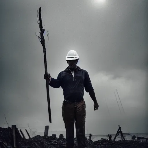 Image similar to cinematic art of a man wearing a crown jewel at a construction site and a leader of the team he is holding a spear. cinematic photograph, atmospheric, foggy, majestic, epic