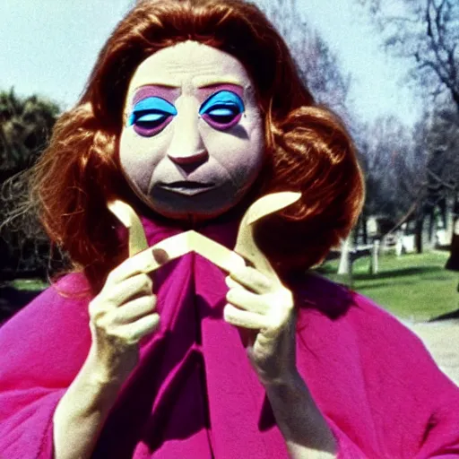 Image similar to 1970 hippie woman on tv show with a long prosthetic snout nose, big nostrils, wearing a robe in the park 1970 color archival footage color film 16mm holding a hand puppet Fellini Almodovar John Waters Russ Meyer Doris Wishman