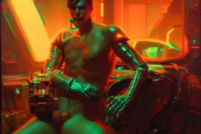 Image similar to synthwave, robotic arm, neon lights, cool tint, painting by gaston bussiere, craig mullins, j. c. leyendecker, tom of finland