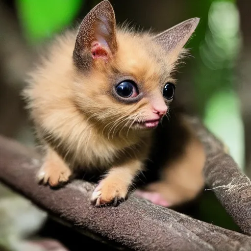 Image similar to a photo of a bat kitten sitting in the forest