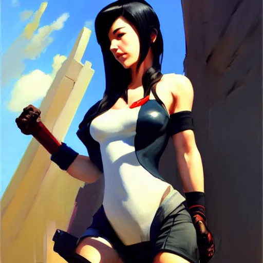 Image similar to Greg Manchess portrait painting o Tifa Lockheart as Overwatch character, medium shot, asymmetrical, profile picture, Organic Painting, sunny day, Matte Painting, bold shapes, hard edges, street art, trending on artstation, by Huang Guangjian and Gil Elvgren and Sachin Teng