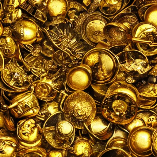 Prompt: A hoard filled with golden treasures lost to time, ultra-high definition, 4K, museum quality photo