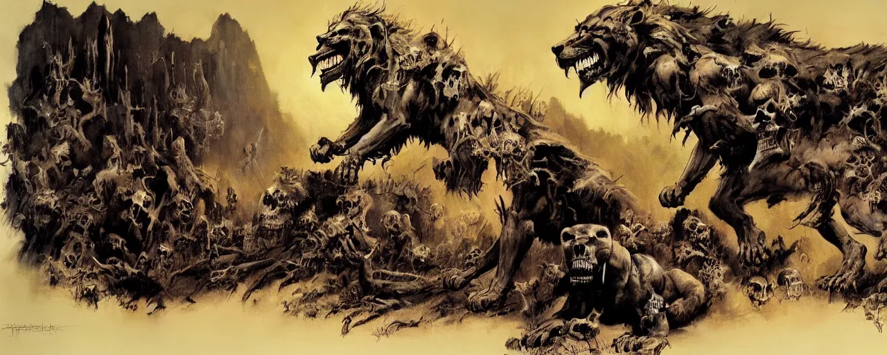 Prompt: frazetta painting of forest of souls filled with skeletons on the ground, backlight on anthropomorphic lion silhouette standing in epic pose ,nighttime ,daytime , backlight , detailed visible brushmarks