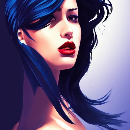 Image similar to a stunning upper body portrait of a beautiful woman with navy blue tinted black hair blowing in the wind by marvel comics, digital art, trending on artstation