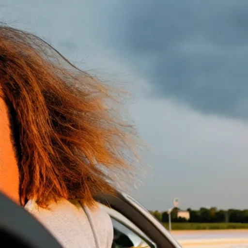 Image similar to a cinematic shot of a grown boy from behind his back looking out of his car window and his long hair flowing due to the wind, sky is orangish outside