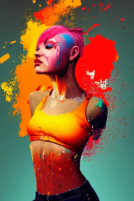 Image similar to a award winning half body portrait of a beautiful woman in a croptop and cargo pants with ombre red orange yellow hairstyle with head in motion and hair flying, paint splashes, splatter, outrun, vaporware, shaded flat illustration, digital art, trending on artstation, highly detailed, fine detail, intricate